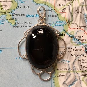 Black Agate? Onyx? Stone Pendant Only NEW Scratch FLAW Silver Tone Hardware
